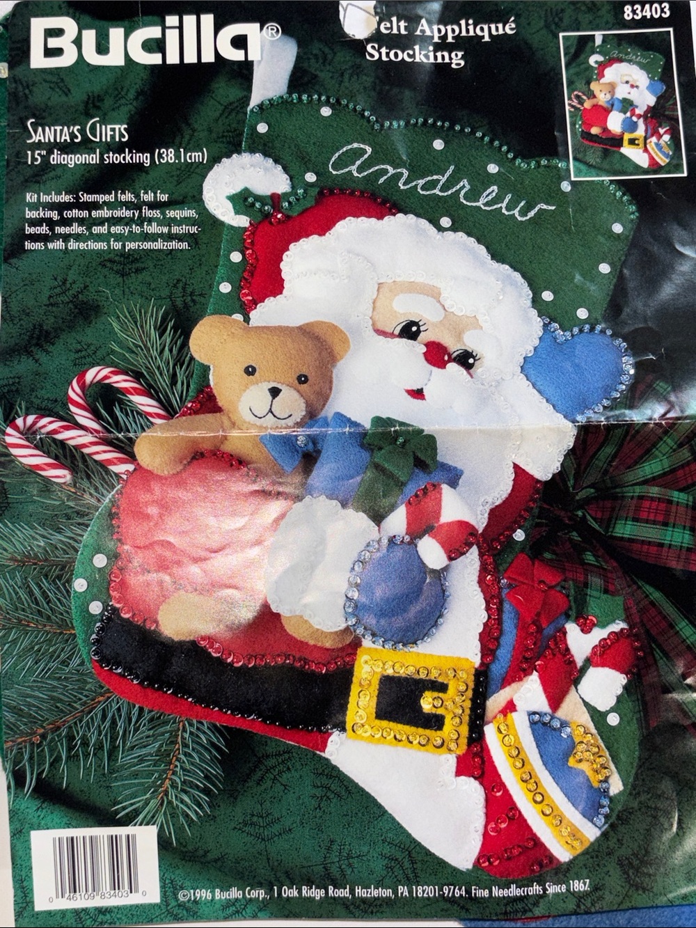 Vintage 1996 Bucilla Felt Appliqué 15" Diagonal Stocking Santas Gifts 83403